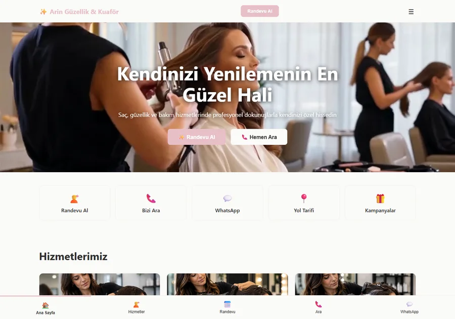 Kadın kuaförü için Arin web sitesi tasarım önizlemesi