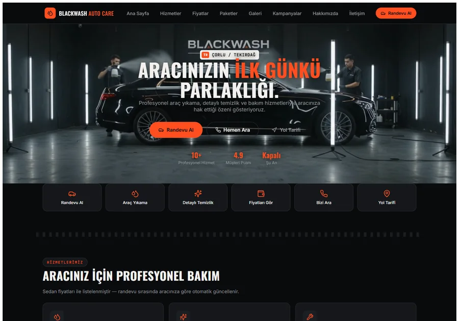 BlackWash oto bakım demo web sitesinin gerçek ekran görüntüsü