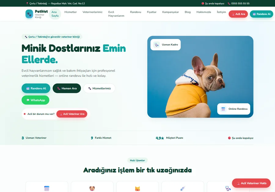 Veteriner kliniği için PatiVet web sitesi tasarım önizlemesi